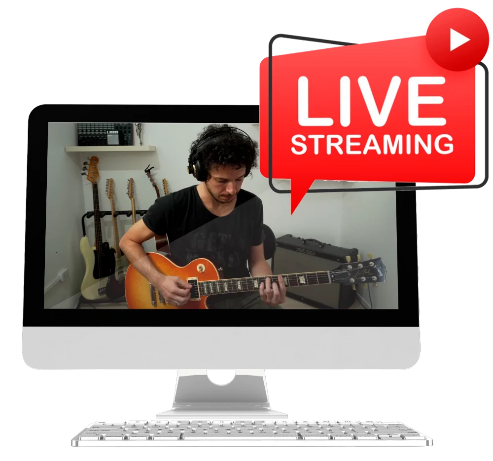 Una clase en vivo del Instituto de Guitarra en pantalla, con el profesor tocando la guitarra.