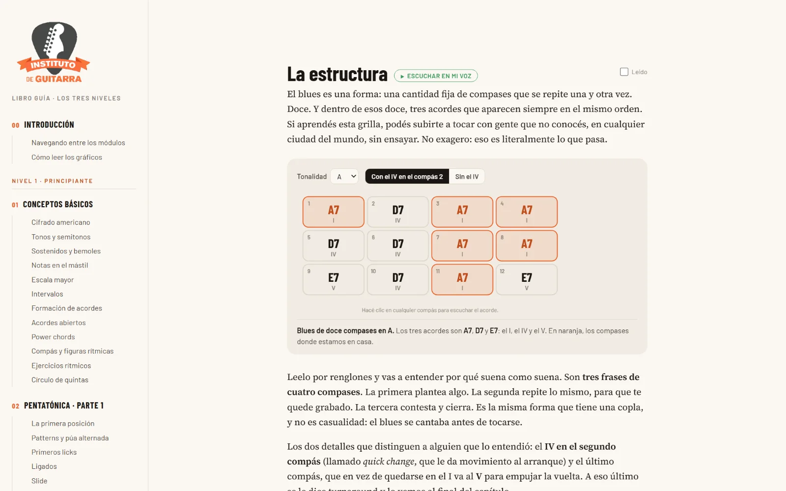 La grilla del blues de doce compases en el libro, con el selector de tonalidad y el bot&oacute;n para escuchar cada comp&aacute;s.