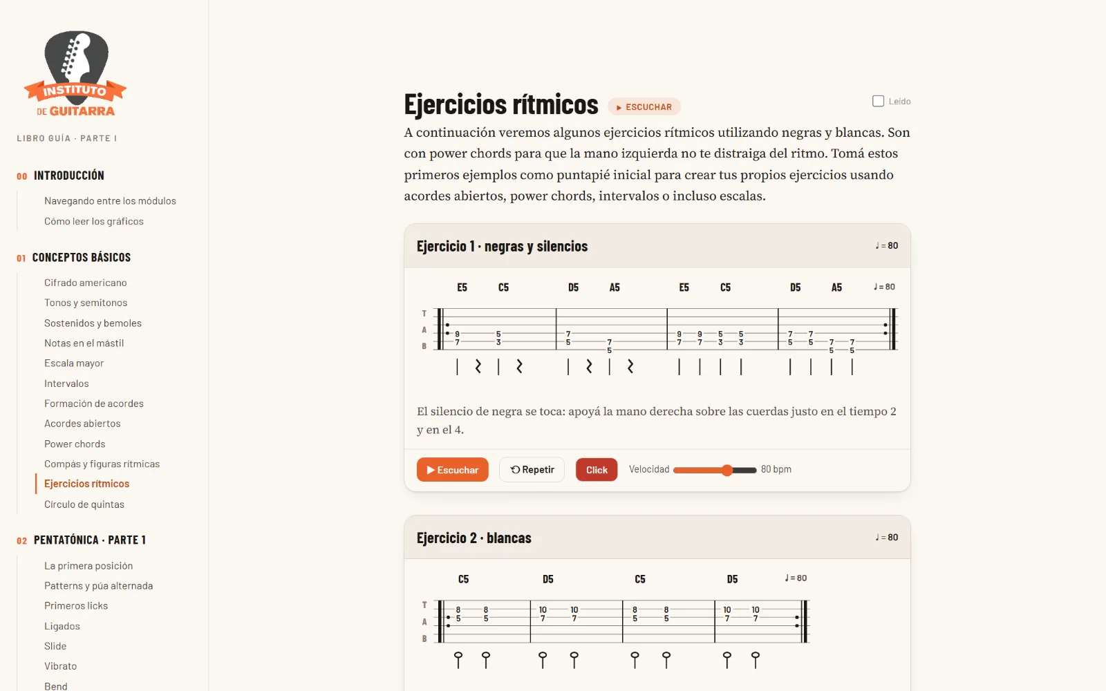 Un ejercicio r&iacute;tmico del libro con su tablatura, el bot&oacute;n de escuchar, el click y el control de velocidad.