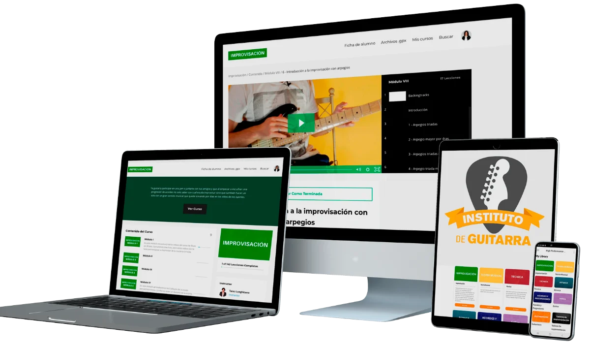 La plataforma del Instituto de Guitarra vista en computadora, notebook, tablet y tel&eacute;fono.